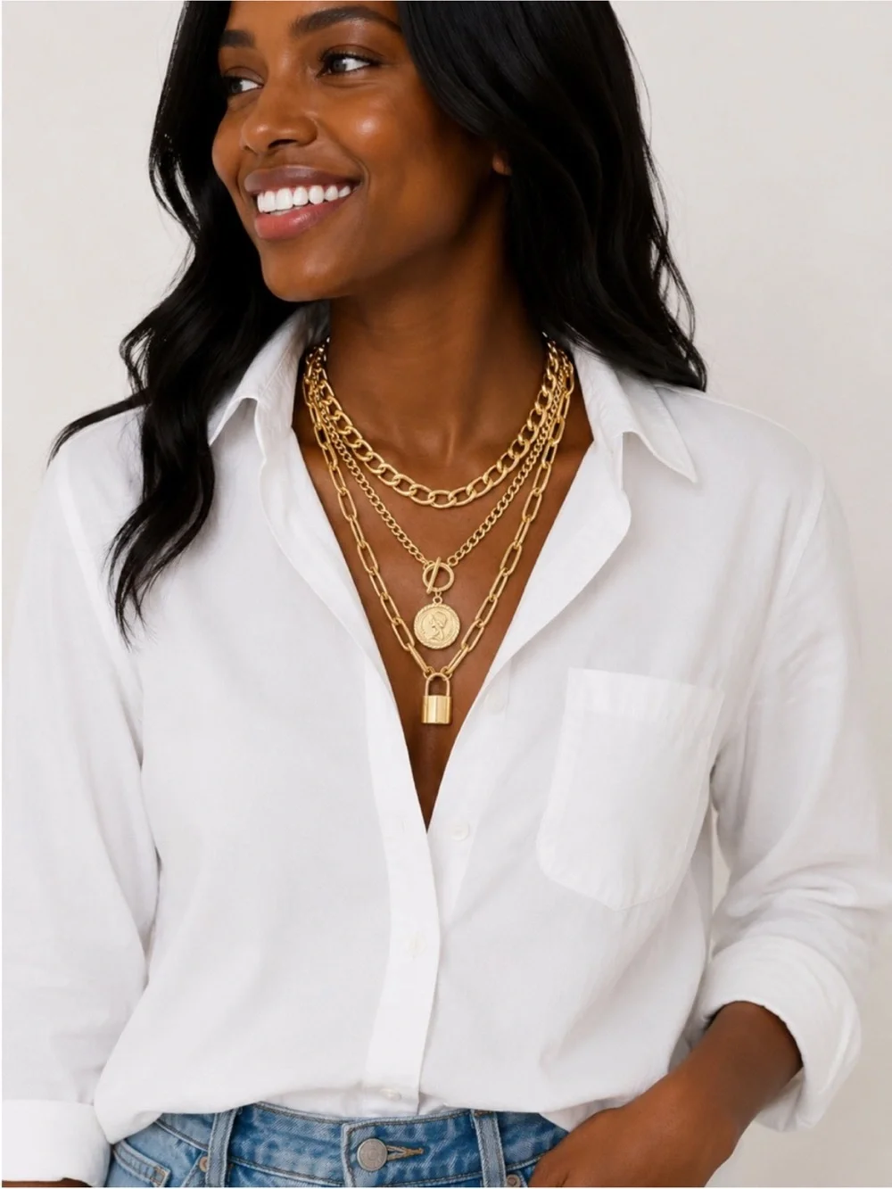 New! Women's Layered Gold Lock & Coin Necklace